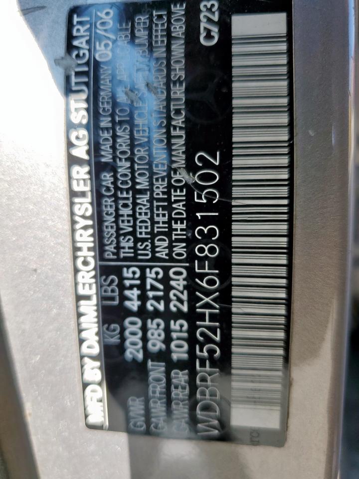 2006 Mercedes-Benz C 230 VIN: WDBRF52HX6F831502 Lot: 72020365