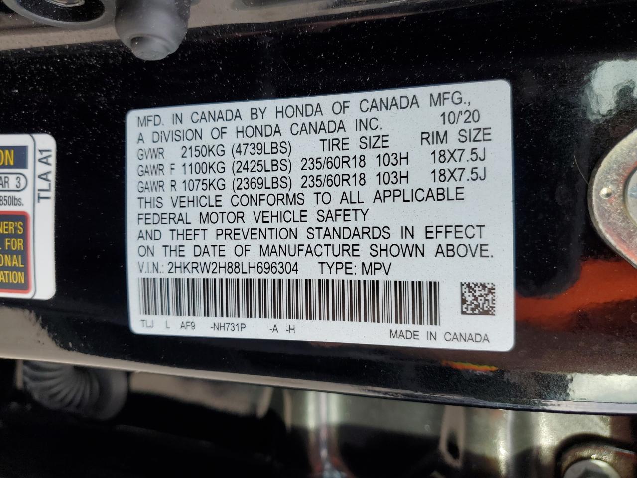2020 Honda Cr-V Exl VIN: 2HKRW2H88LH696304 Lot: 80336375