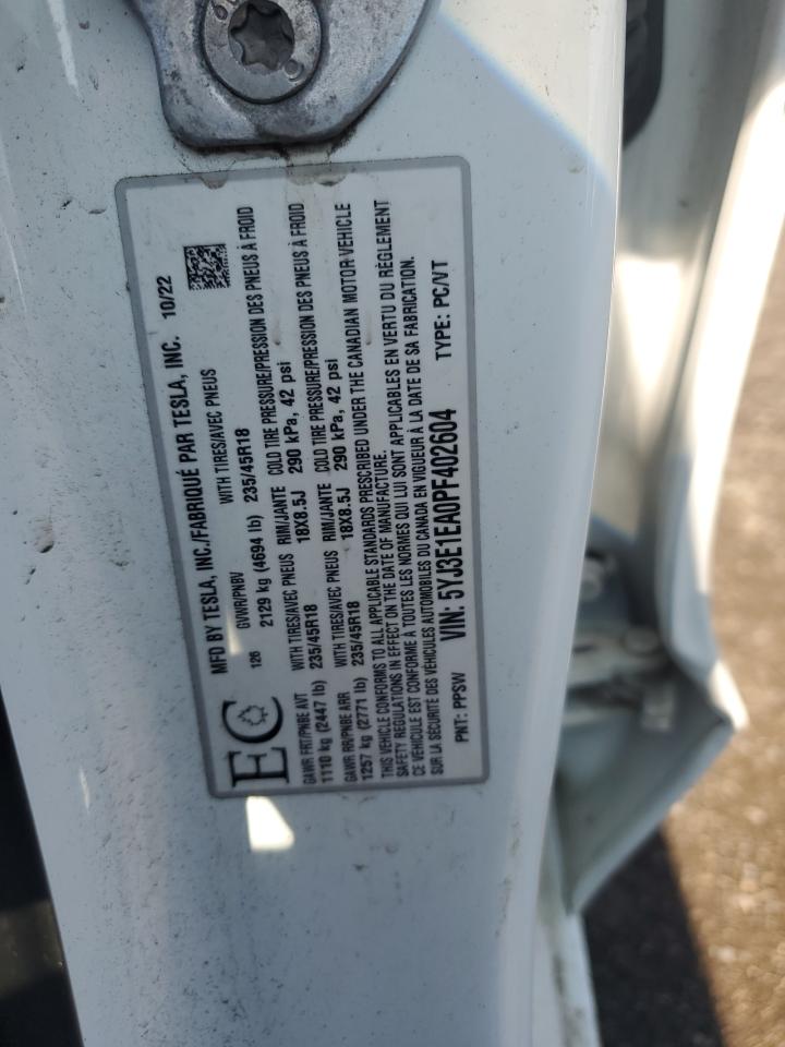 2023 Tesla Model 3 VIN: 5YJ3E1EA0PF402604 Lot: 71418975
