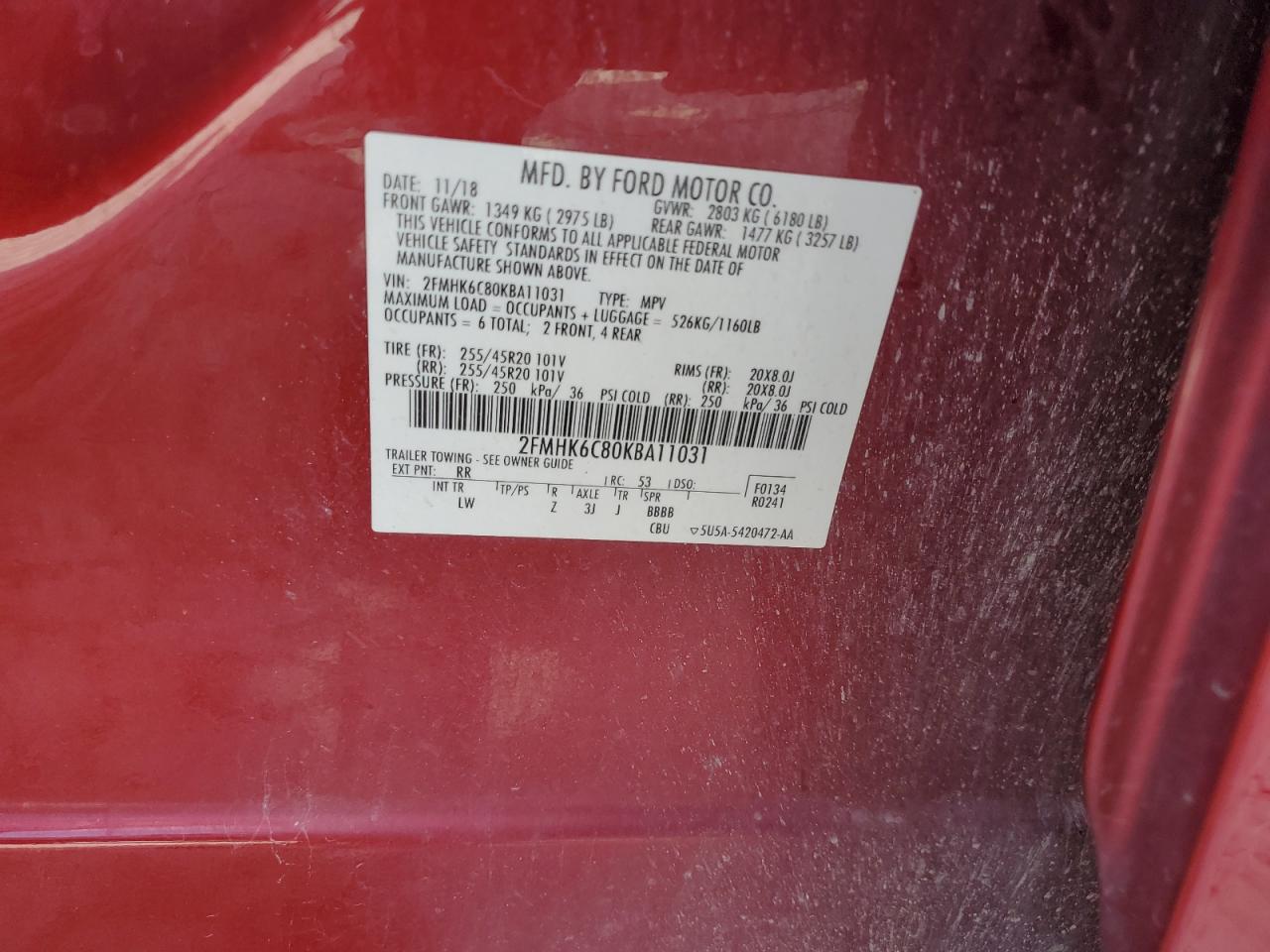 2019 Ford Flex Sel VIN: 2FMHK6C80KBA11031 Lot: 80382905