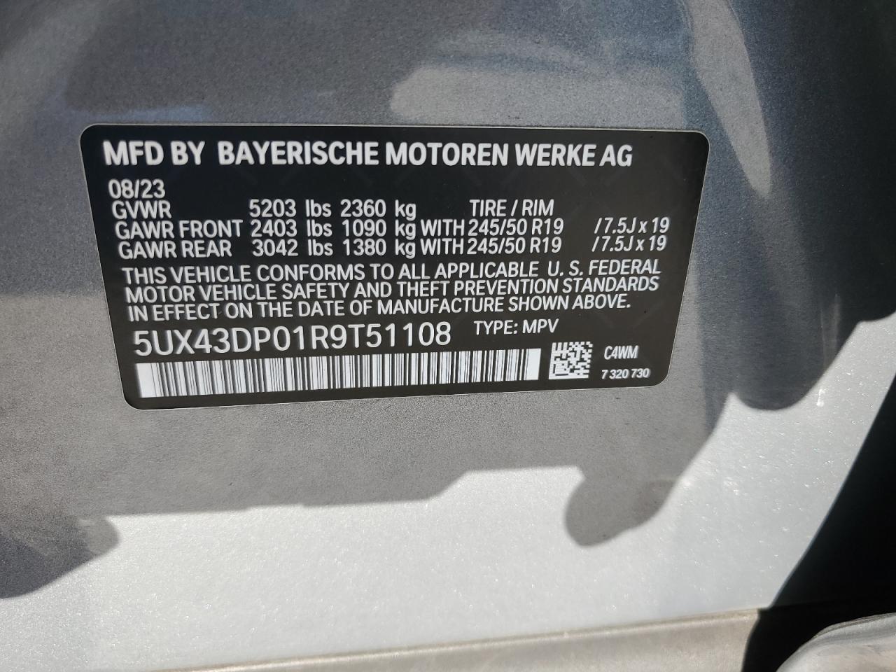 2024 BMW X3 Sdrive30I VIN: 5UX43DP01R9T51108 Lot: 84300645