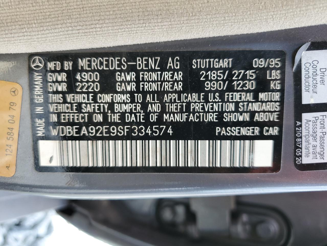 1995 Mercedes-Benz E 320 VIN: WDBEA92E9SF334574 Lot: 70999795
