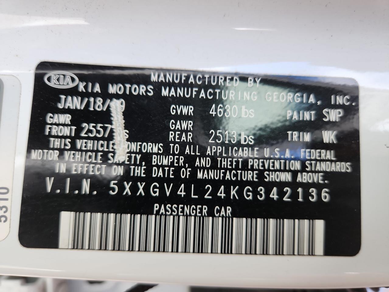 2019 Kia Optima Sxl VIN: 5XXGV4L24KG342136 Lot: 80322235