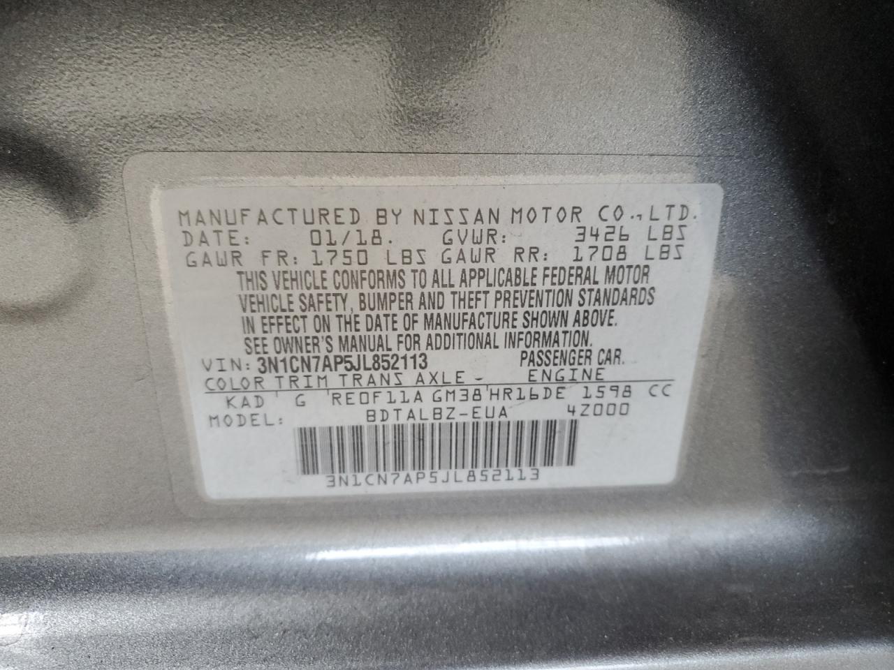 2018 Nissan Versa S VIN: 3N1CN7AP5JL852113 Lot: 81165565