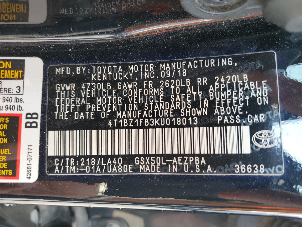 2019 Toyota Avalon Xle VIN: 4T1BZ1FB3KU018013 Lot: 81216755