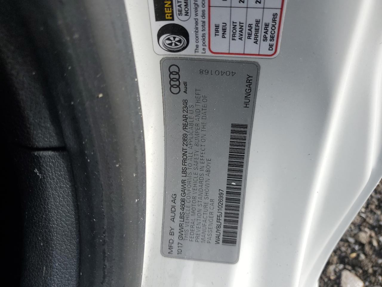 2018 Audi A3 Premium Plus VIN: WAUY8LFF5J1026997 Lot: 80844025