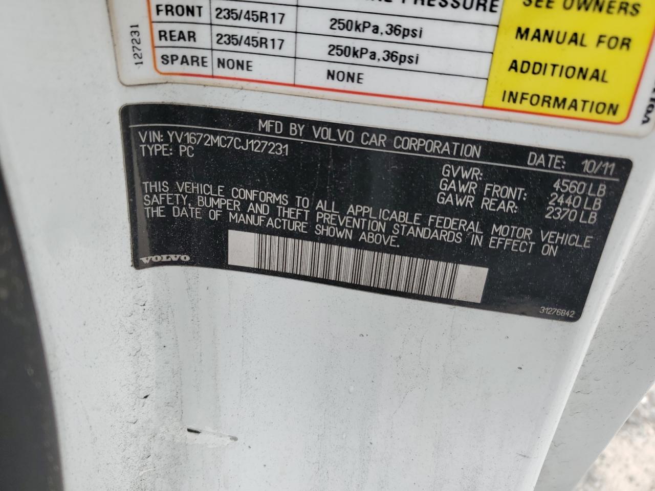 2012 Volvo C70 T5 VIN: YV1672MC7CJ127231 Lot: 84770915