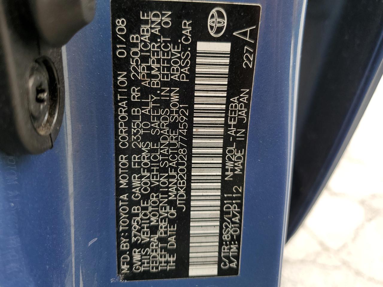 2008 Toyota Prius VIN: JTDKB20U287745921 Lot: 71966085