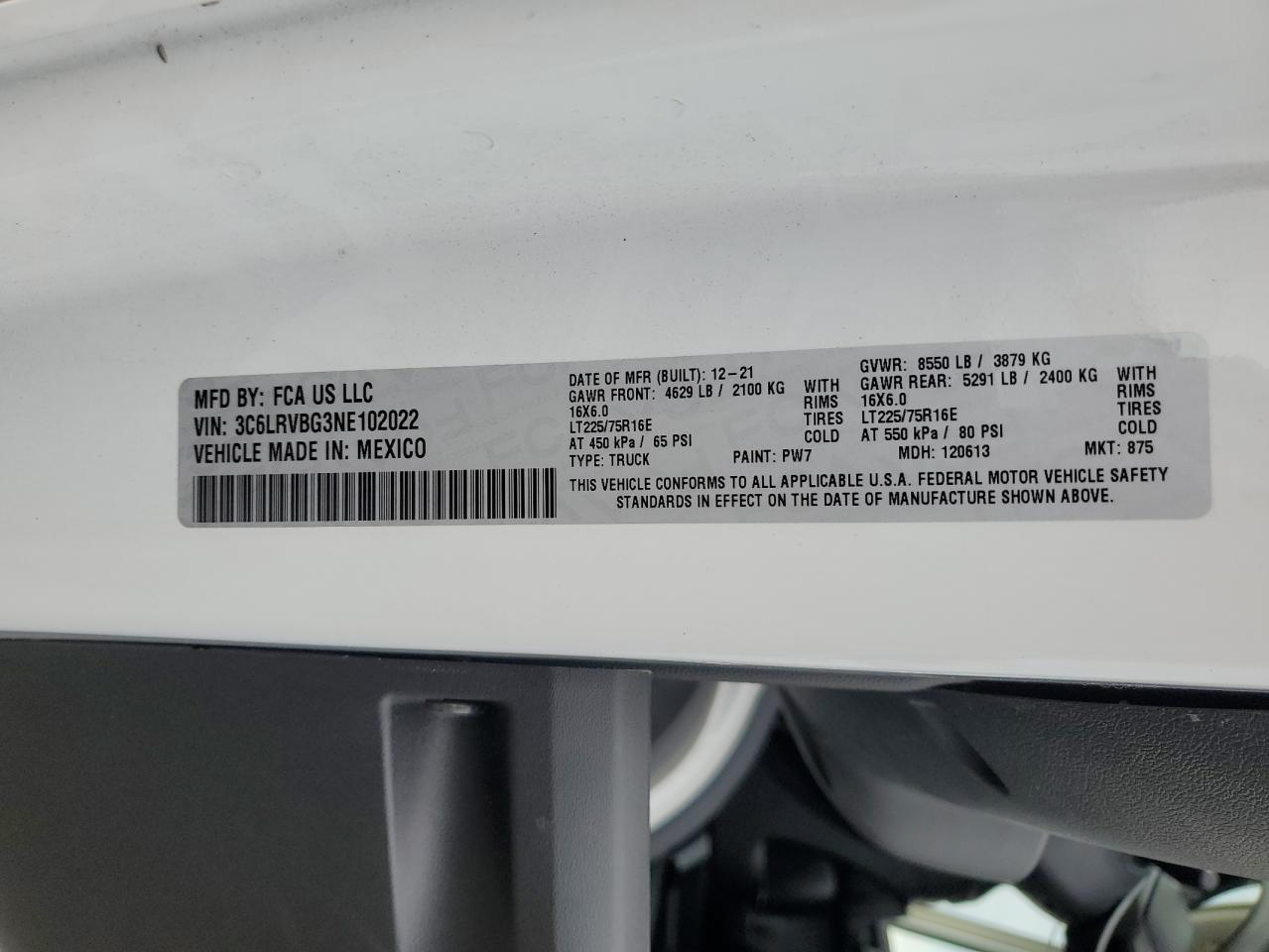 2022 Ram Promaster 1500 1500 High VIN: 3C6LRVBG3NE102022 Lot: 81624175