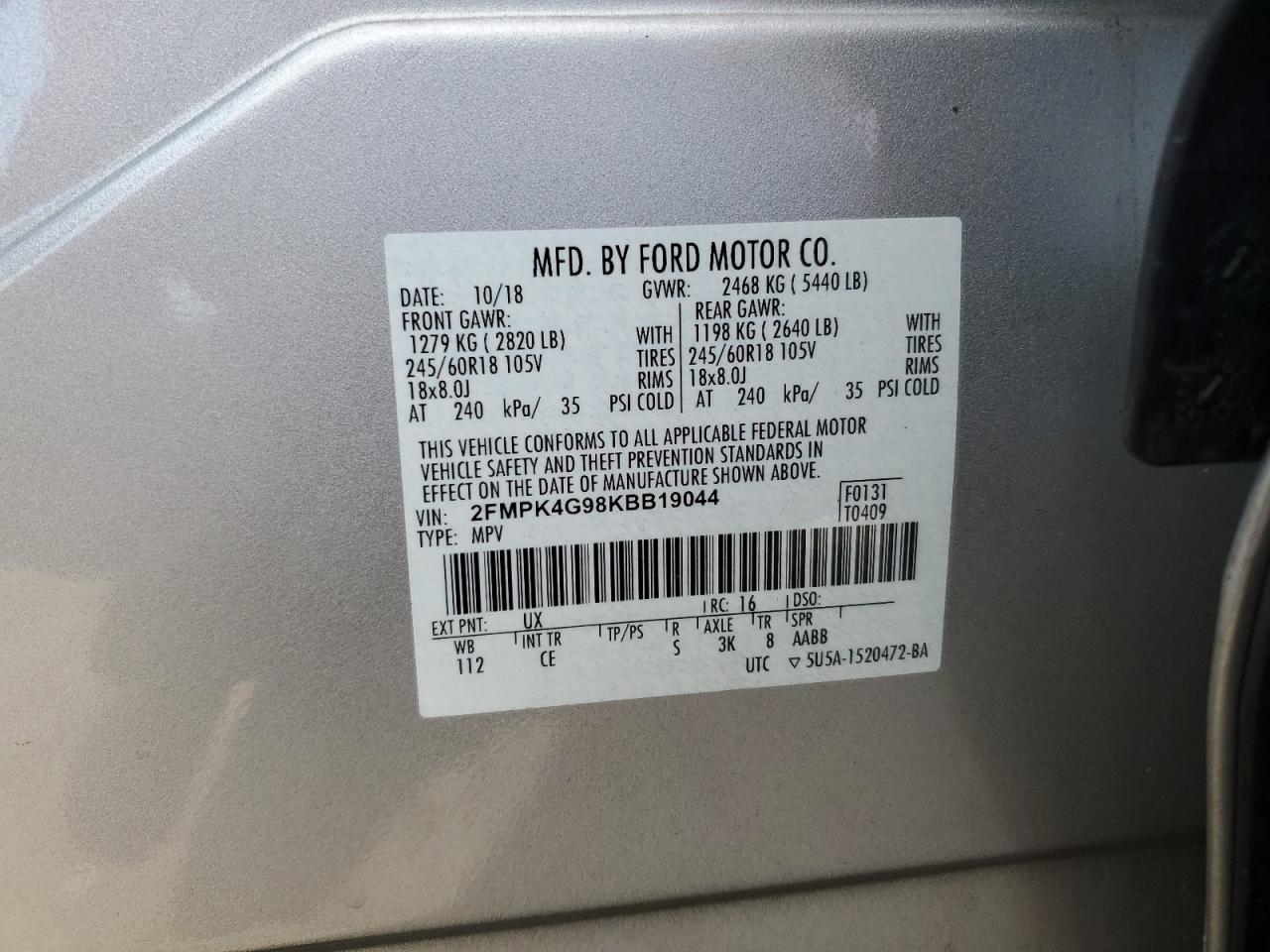 2019 Ford Edge Se VIN: 2FMPK4G98KBB19044 Lot: 80127615