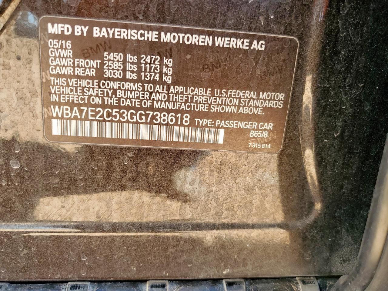 2016 BMW 740 I VIN: WBA7E2C53GG738618 Lot: 82054445