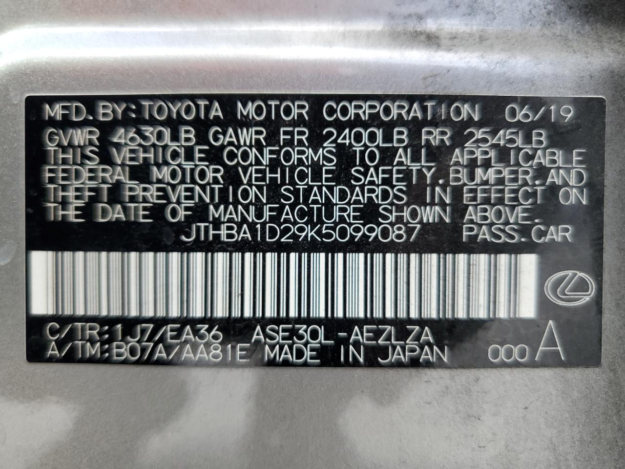 2019 Lexus Is 300 VIN: JTHBA1D29K5099087 Lot: 69774745