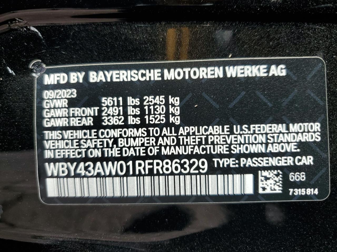 2024 BMW I4 Edrive 35 VIN: WBY43AW01RFR86329 Lot: 70845315