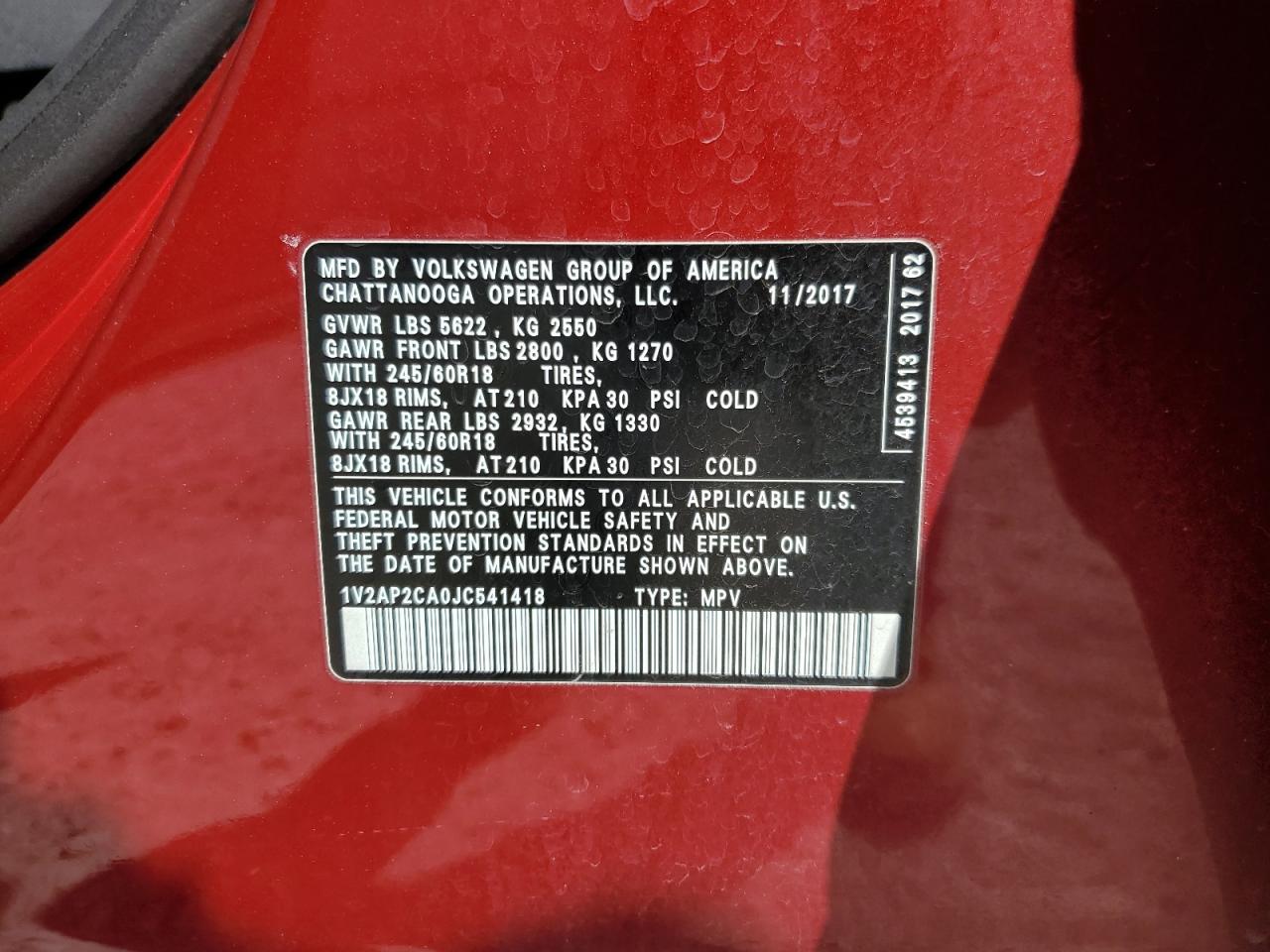 2018 Volkswagen Atlas S VIN: 1V2AP2CA0JC541418 Lot: 71506545