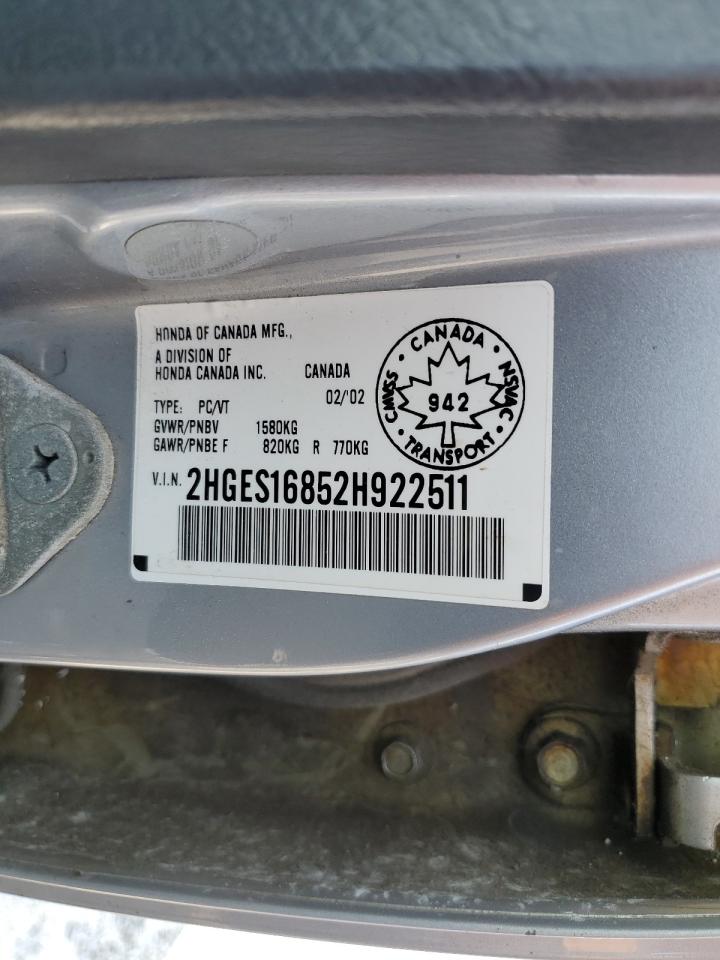 2002 Honda Civic Lx VIN: 2HGES16852H922511 Lot: 80173715