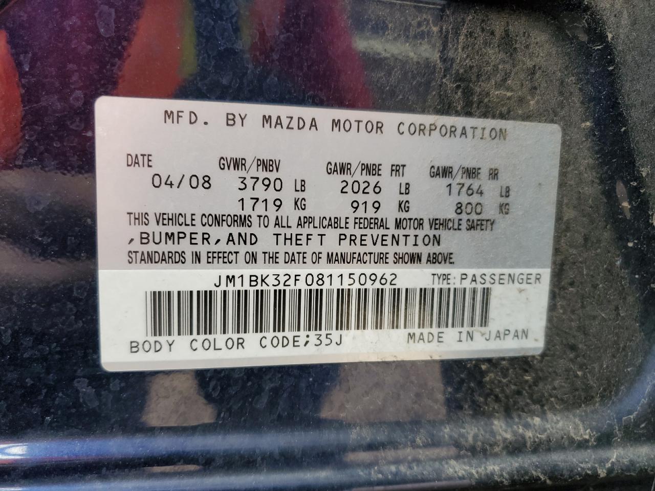 2008 Mazda 3 I VIN: JM1BK32F081150962 Lot: 71431055