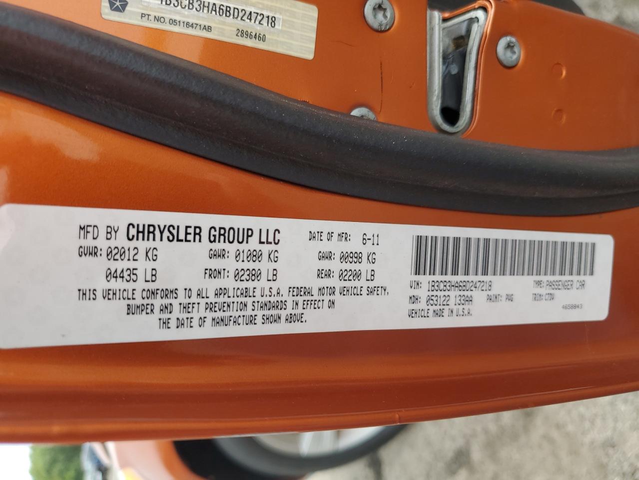 2011 Dodge Caliber Mainstreet VIN: 1B3CB3HA6BD247218 Lot: 82051195