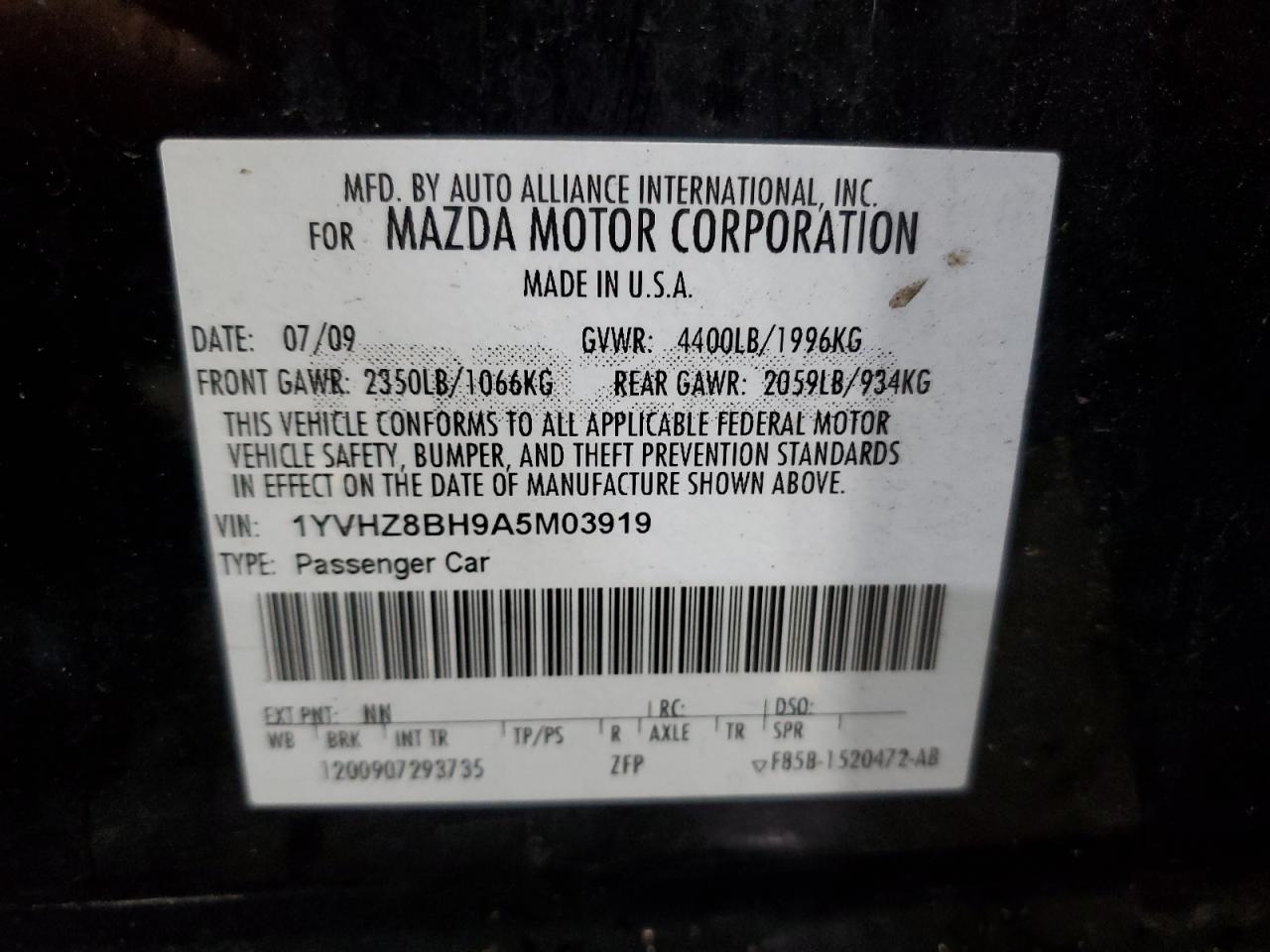 2010 Mazda 6 I VIN: 1YVHZ8BH9A5M03919 Lot: 80316105