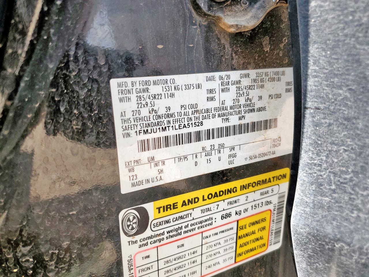 2020 Ford Expedition Platinum VIN: 1FMJU1MT1LEA51528 Lot: 71889475