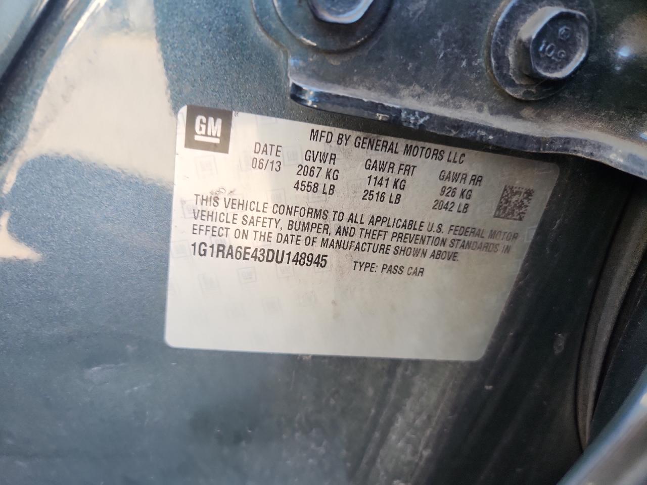 2013 Chevrolet Volt VIN: 1G1RA6E43DU148945 Lot: 70898635
