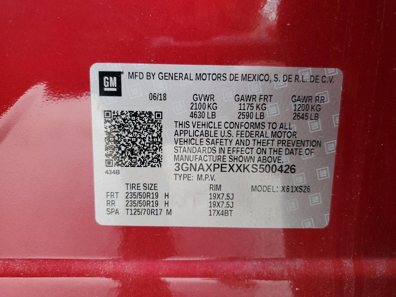 2019 Chevrolet Equinox Premier VIN: 3GNAXPEXXKS500426 Lot: 81845075