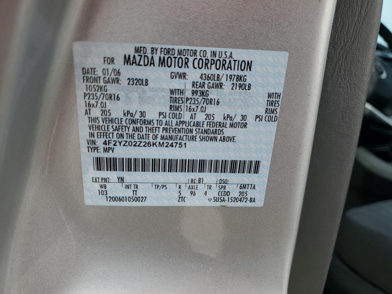 2006 Mazda Tribute I VIN: 4F2YZ02Z26KM24751 Lot: 71913895