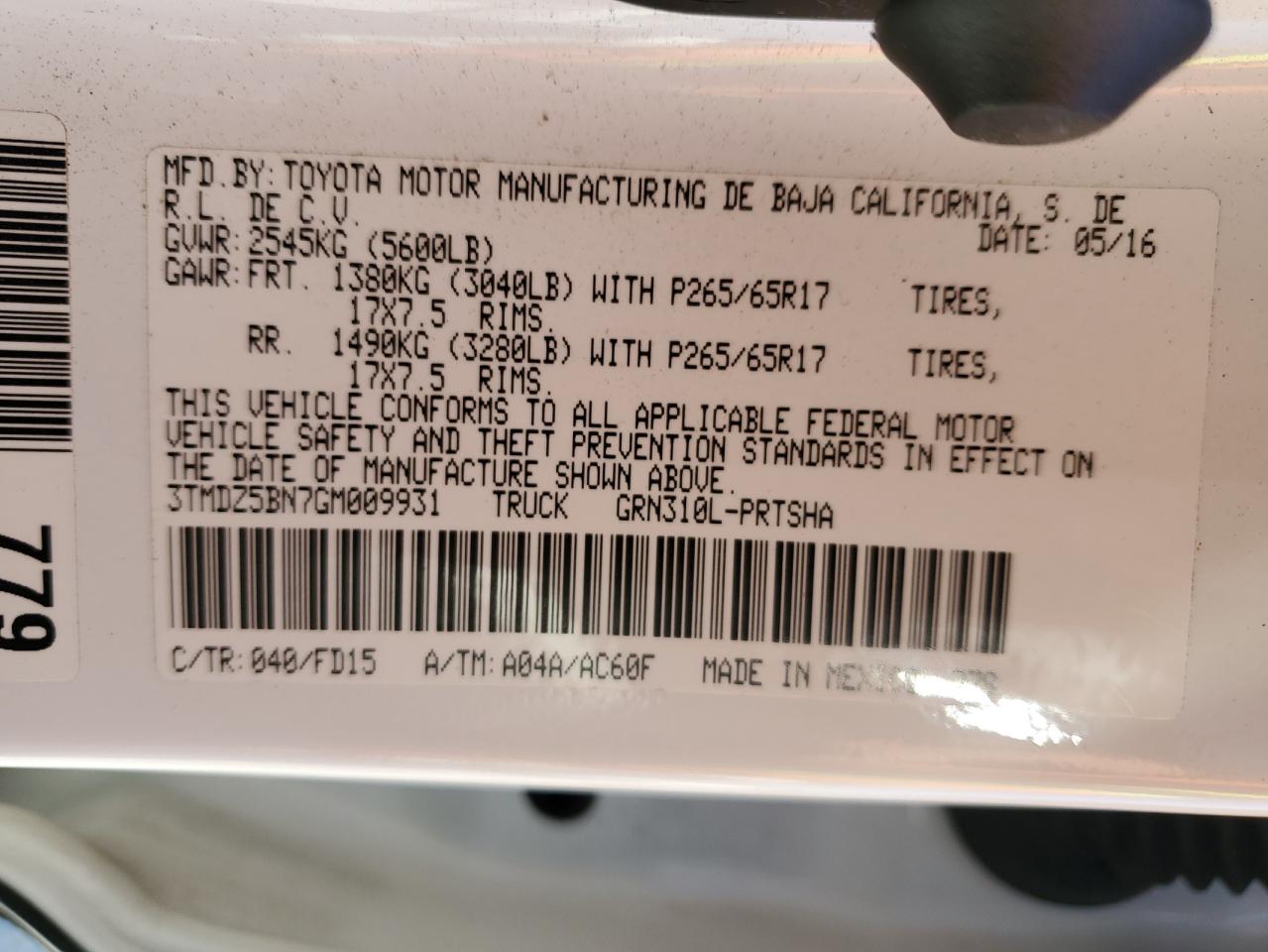 2016 Toyota Tacoma Double Cab VIN: 3TMDZ5BN7GM009931 Lot: 72096065