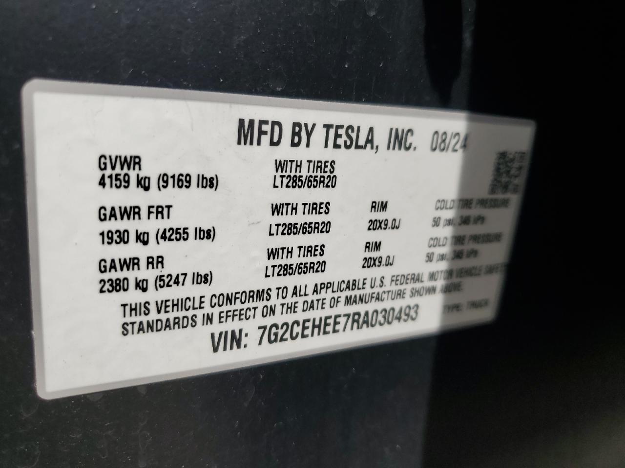 2024 Tesla Cybertruck VIN: 7G2CEHEE7RA030493 Lot: 80666535