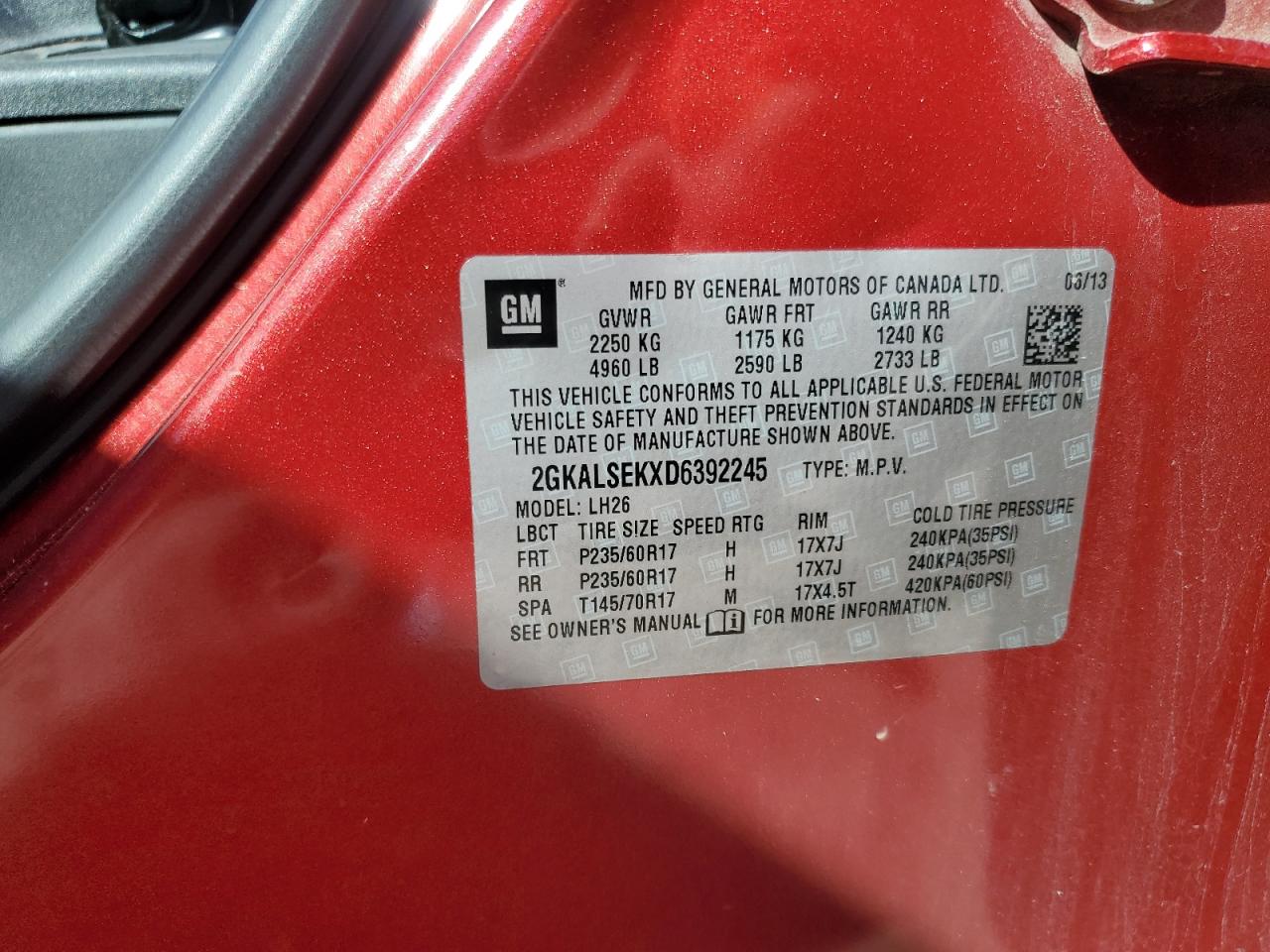 2013 GMC Terrain Sle VIN: 2GKALSEKXD6392245 Lot: 81024515