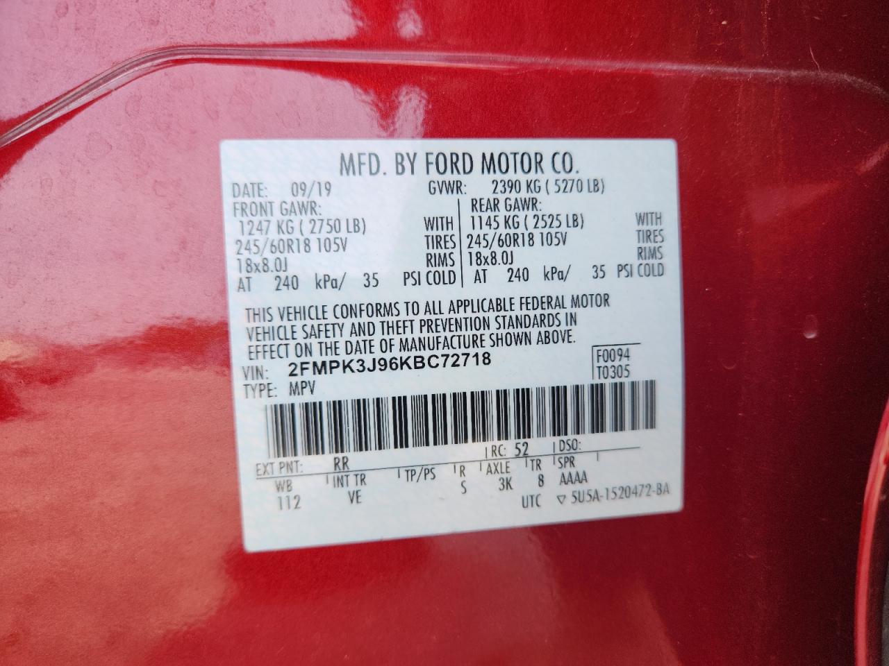 2019 Ford Edge Sel VIN: 2FMPK3J96KBC72718 Lot: 72042025