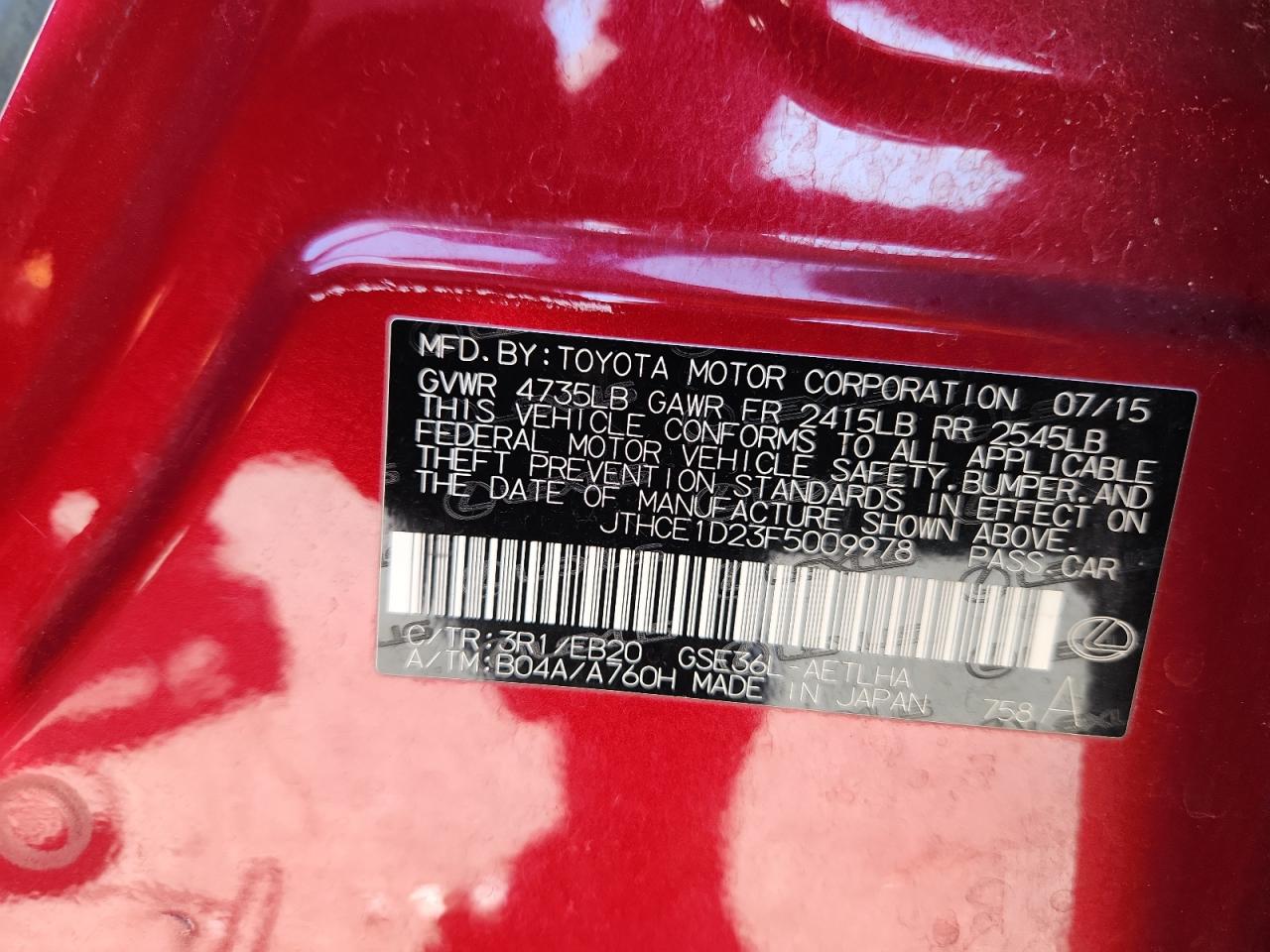 2015 Lexus Is 350 VIN: JTHCE1D23F5009978 Lot: 84188305