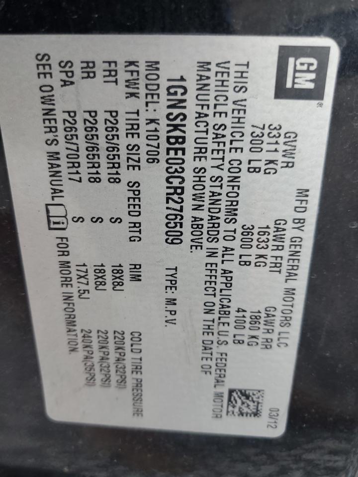 2012 Chevrolet Tahoe K1500 Lt VIN: 1GNSKBE03CR276509 Lot: 82134845