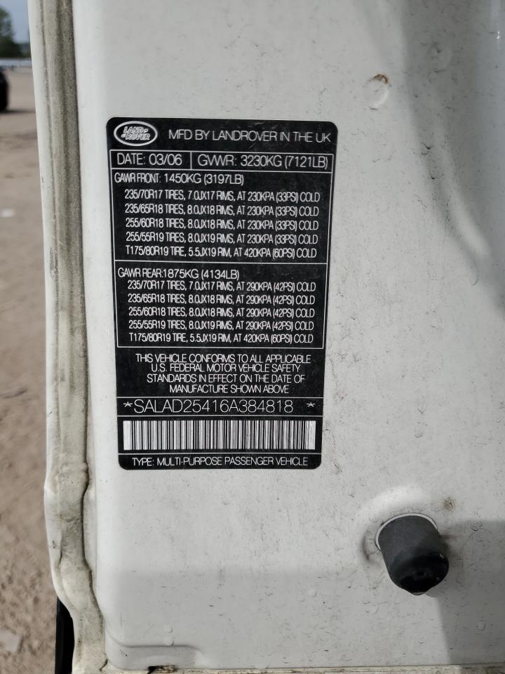 2006 Land Rover Lr3 Se VIN: SALAD25416A384818 Lot: 81043055