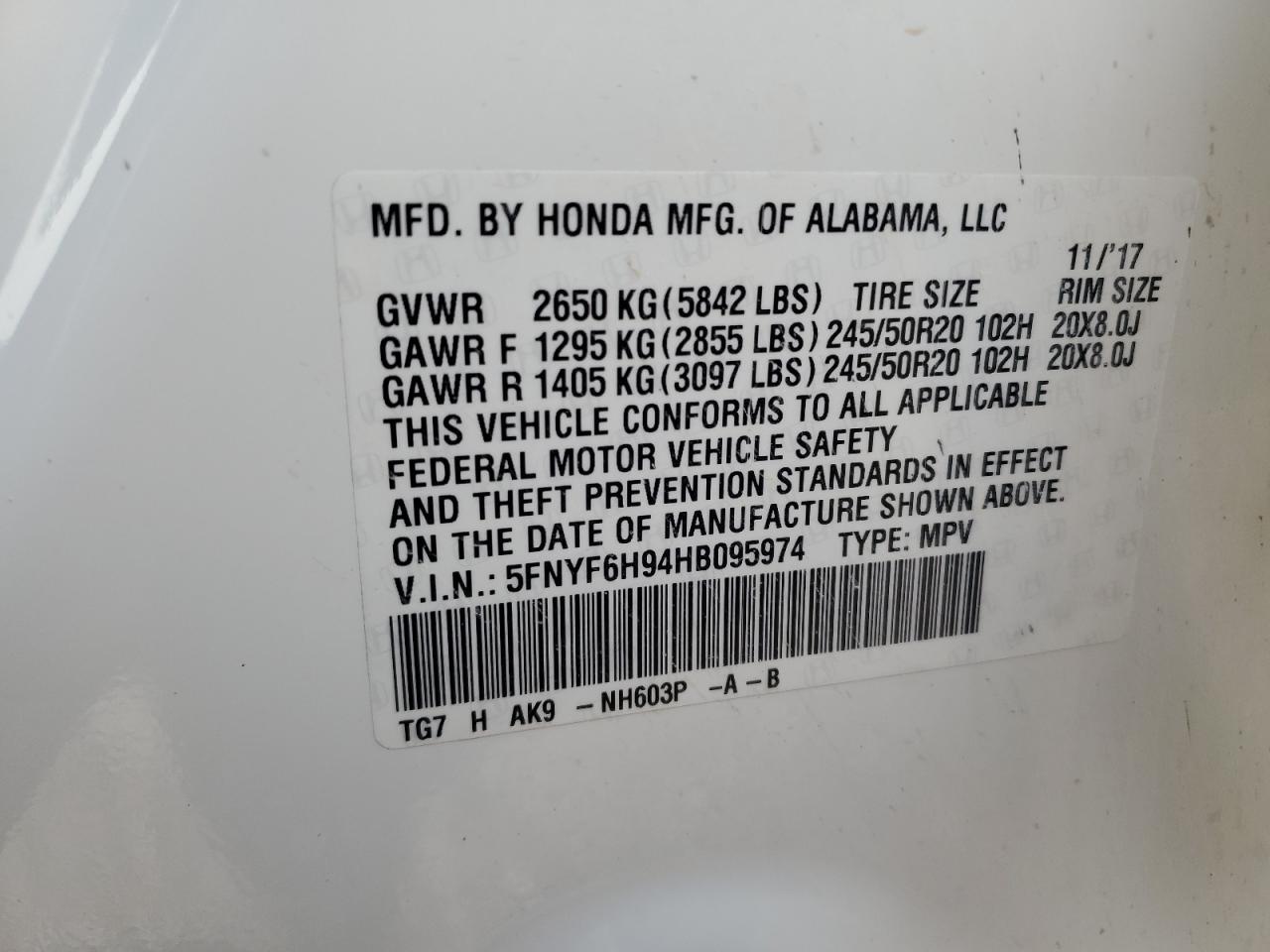 2017 Honda Pilot Touring VIN: 5FNYF6H94HB095974 Lot: 71911255