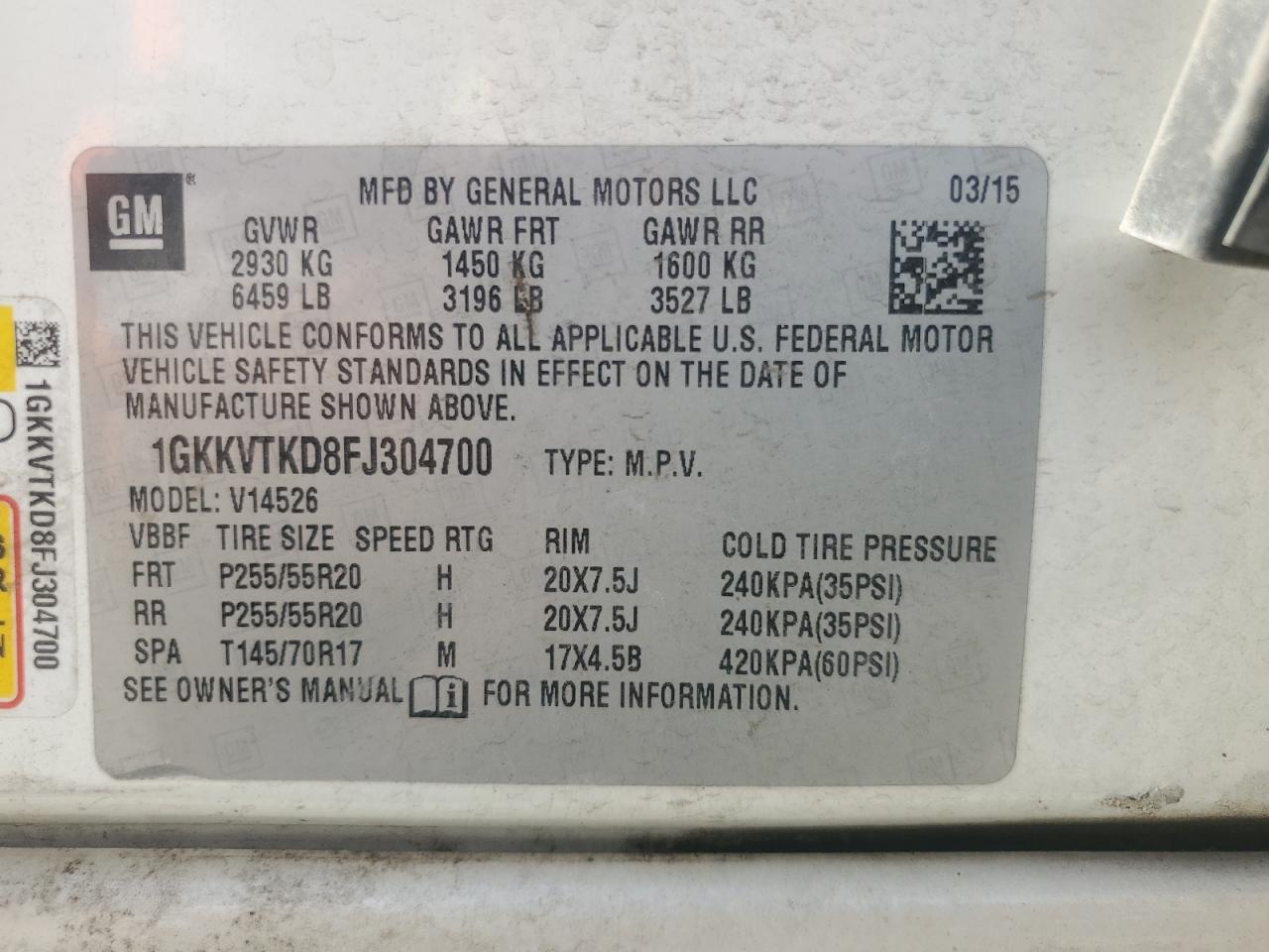 2015 GMC Acadia Denali VIN: 1GKKVTKD8FJ304700 Lot: 71934165