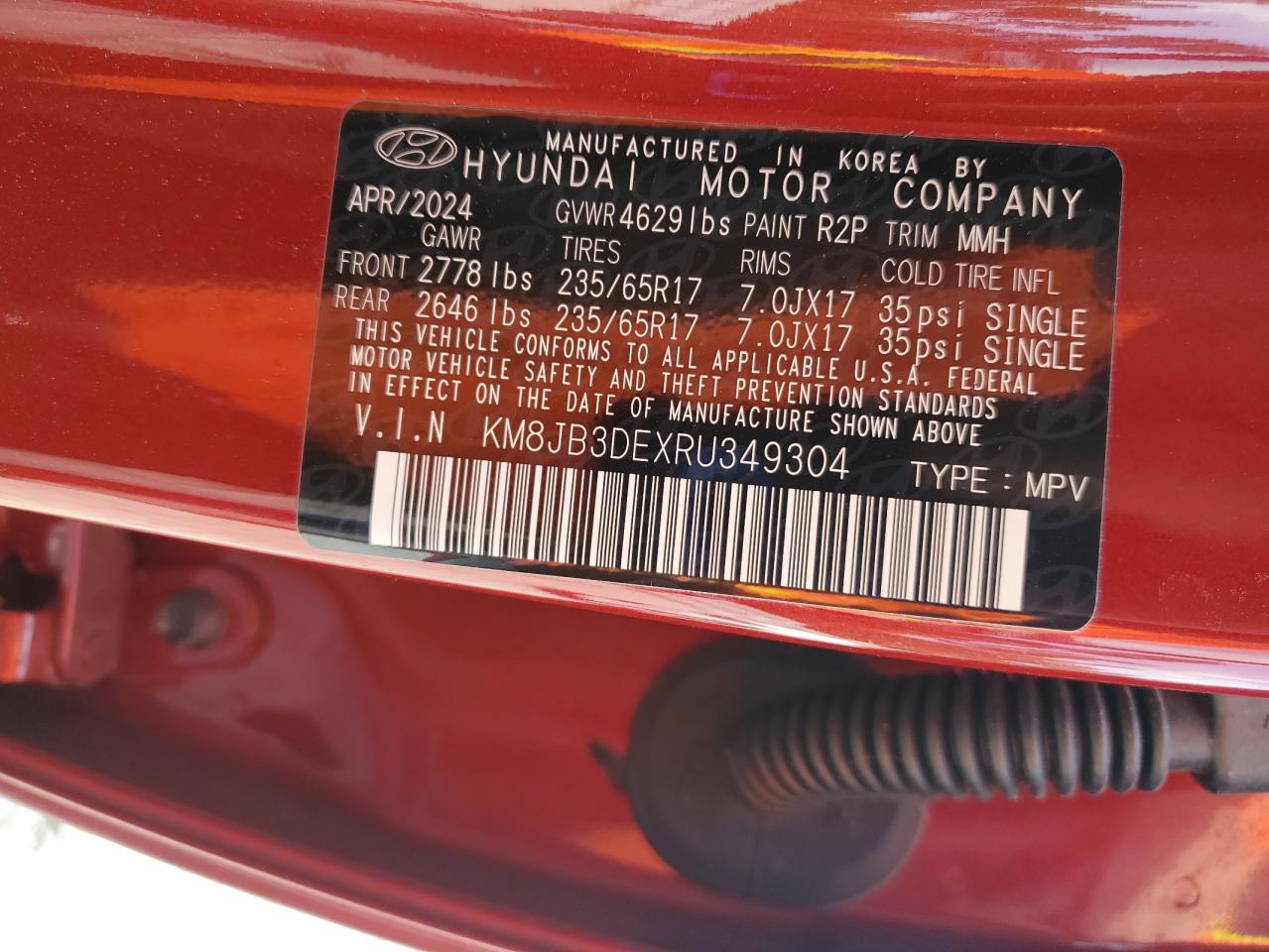 2024 Hyundai Tucson Sel VIN: KM8JB3DEXRU349304 Lot: 80884895