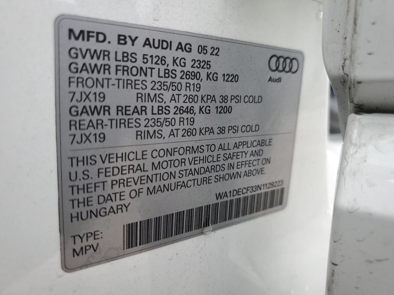 2022 Audi Q3 Premium S Line 45 VIN: WA1DECF33N1129223 Lot: 81285375