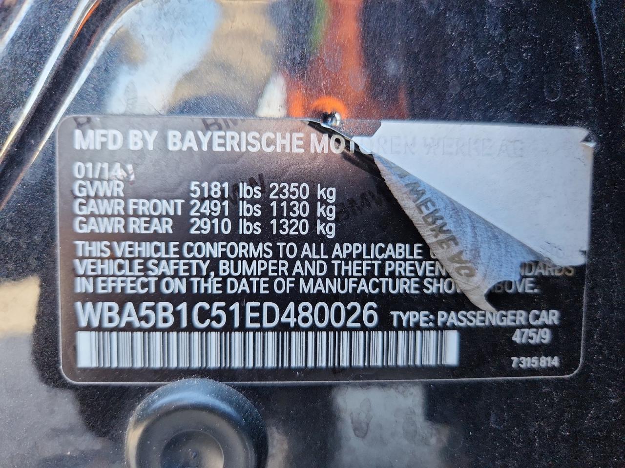 2014 BMW 535 I VIN: WBA5B1C51ED480026 Lot: 80939665