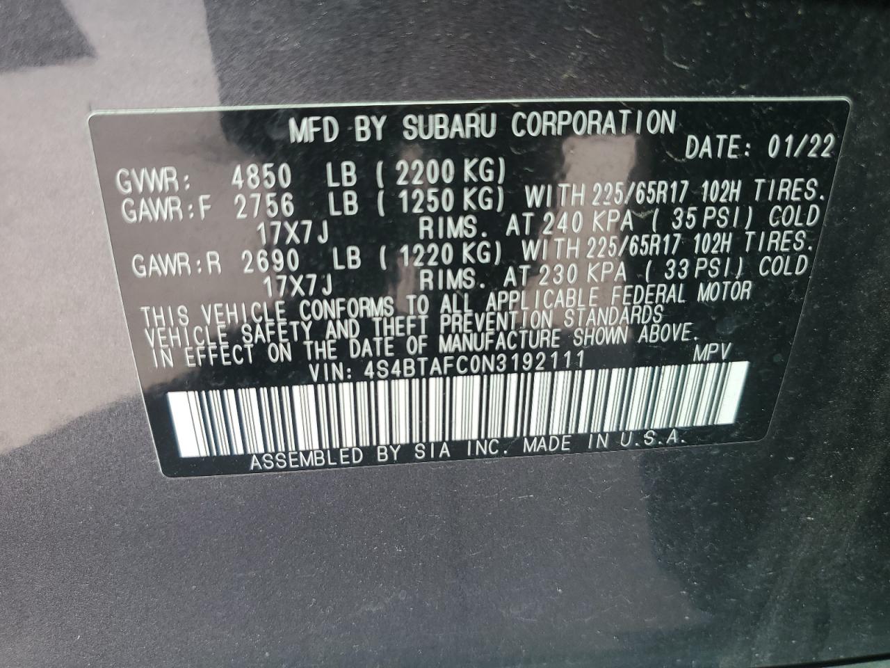 2022 Subaru Outback Premium VIN: 4S4BTAFC0N3192111 Lot: 81591315