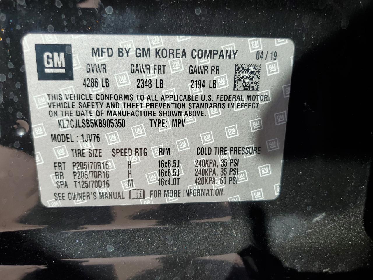 2019 Chevrolet Trax 1Lt VIN: KL7CJLSB5KB905350 Lot: 80000675