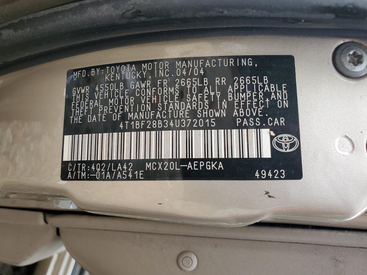 2004 Toyota Avalon Xl VIN: 4T1BF28B34U372015 Lot: 84368125