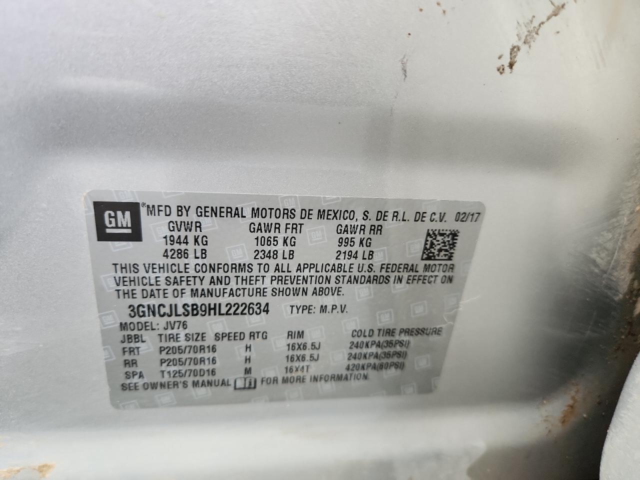 2017 Chevrolet Trax 1Lt VIN: 3GNCJLSB9HL222634 Lot: 81161875