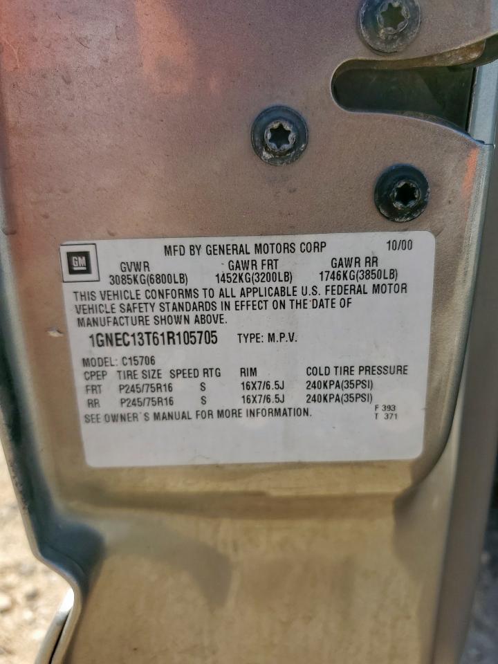 2001 Chevrolet Tahoe C1500 VIN: 1GNEC13T61R105705 Lot: 80744075