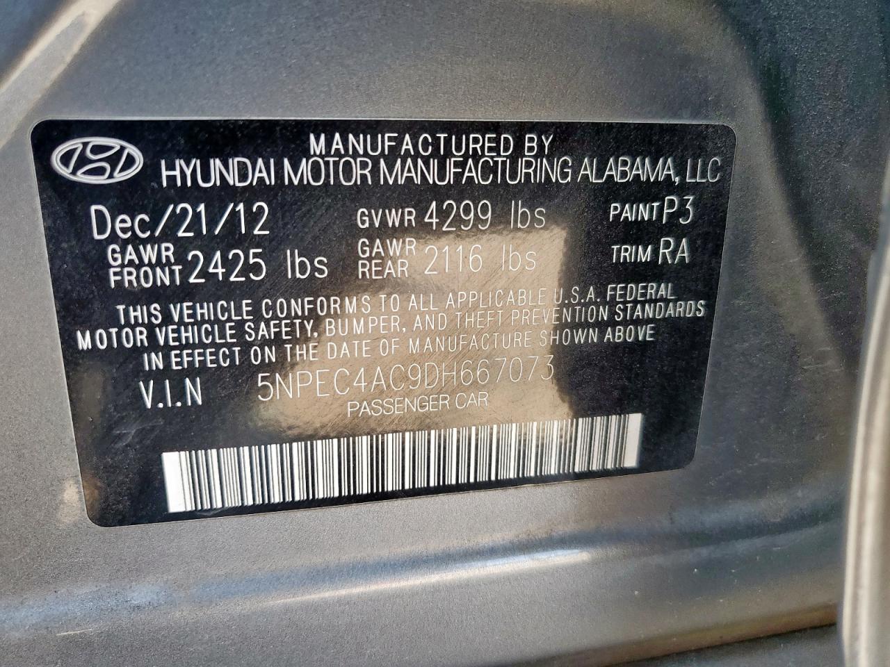 2013 Hyundai Sonata Se VIN: 5NPEC4AC9DH667073 Lot: 70766815