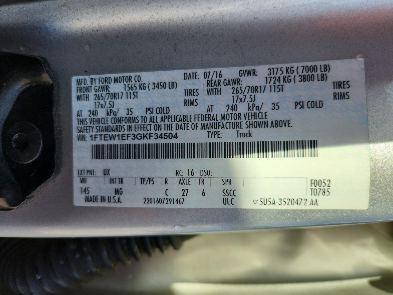 2016 Ford F150 Supercrew VIN: 1FTEW1EF3GKF34504 Lot: 84047225