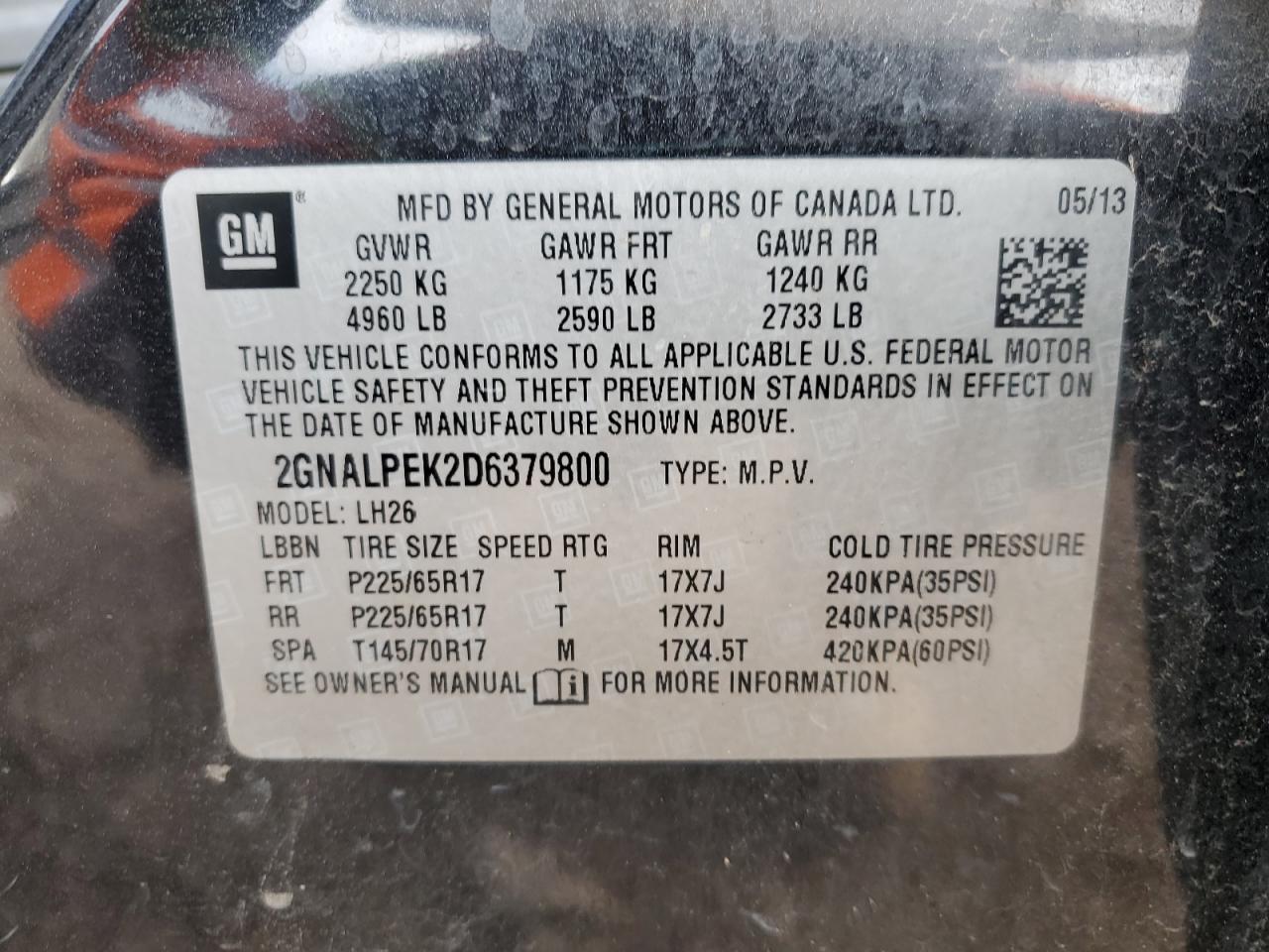 2013 Chevrolet Equinox Lt VIN: 2GNALPEK2D6379800 Lot: 81516545