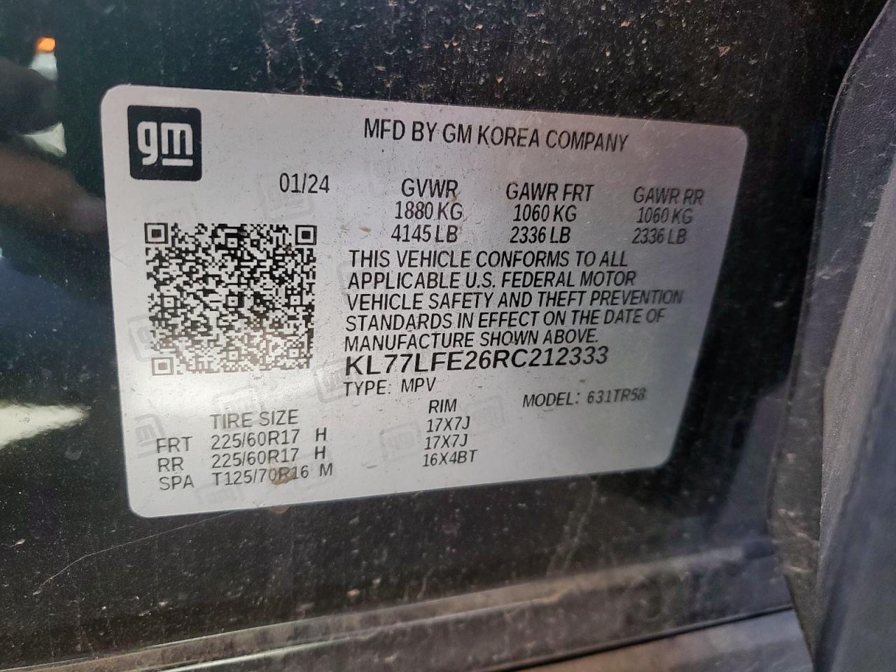 2024 Chevrolet Trax Ls VIN: KL77LFE26RC212333 Lot: 81434965