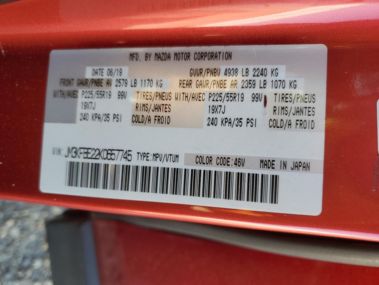 2019 Mazda Cx-5 Signature VIN: JM3KFBE22K0657745 Lot: 71745485