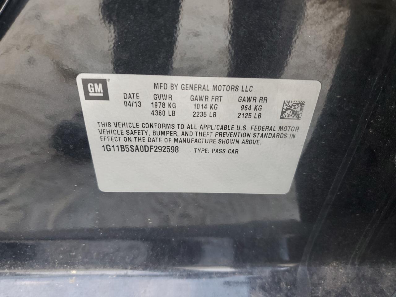 2013 Chevrolet Malibu Ls VIN: 1G11B5SA0DF292598 Lot: 81108965