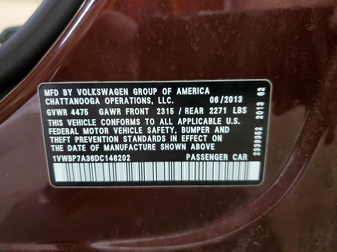 2013 Volkswagen Passat Se VIN: 1VWBP7A36DC146202 Lot: 81405175